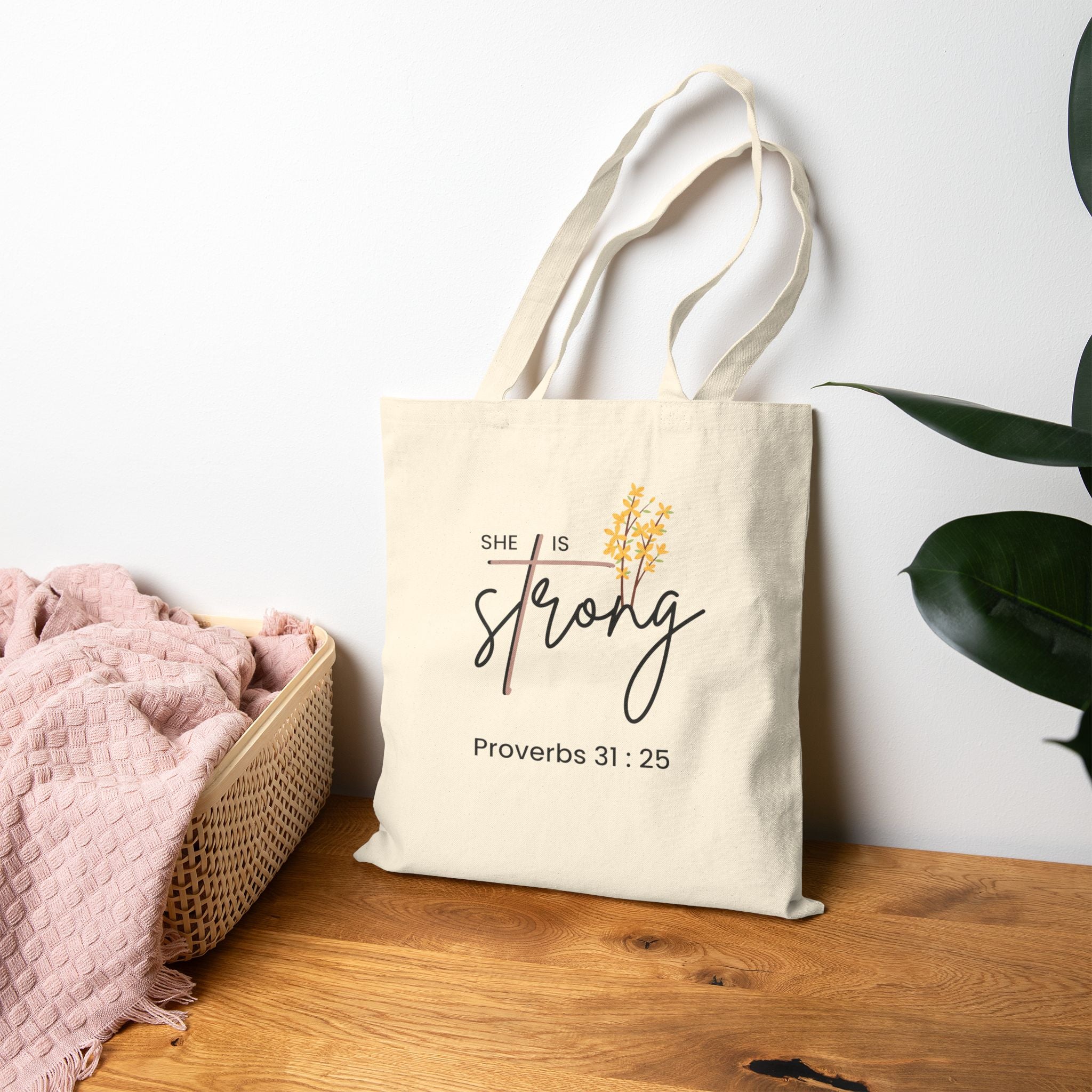 She Is Strong Cotton Tote Bag – Proverbs 31:25 Inspirational Scripture Canvas Tote