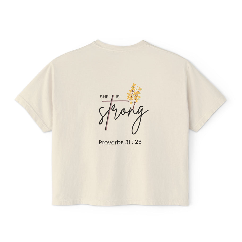 Women’s Boxy Tee — "She Is Strong" Proverbs 31:25 Christian Graphic Tee