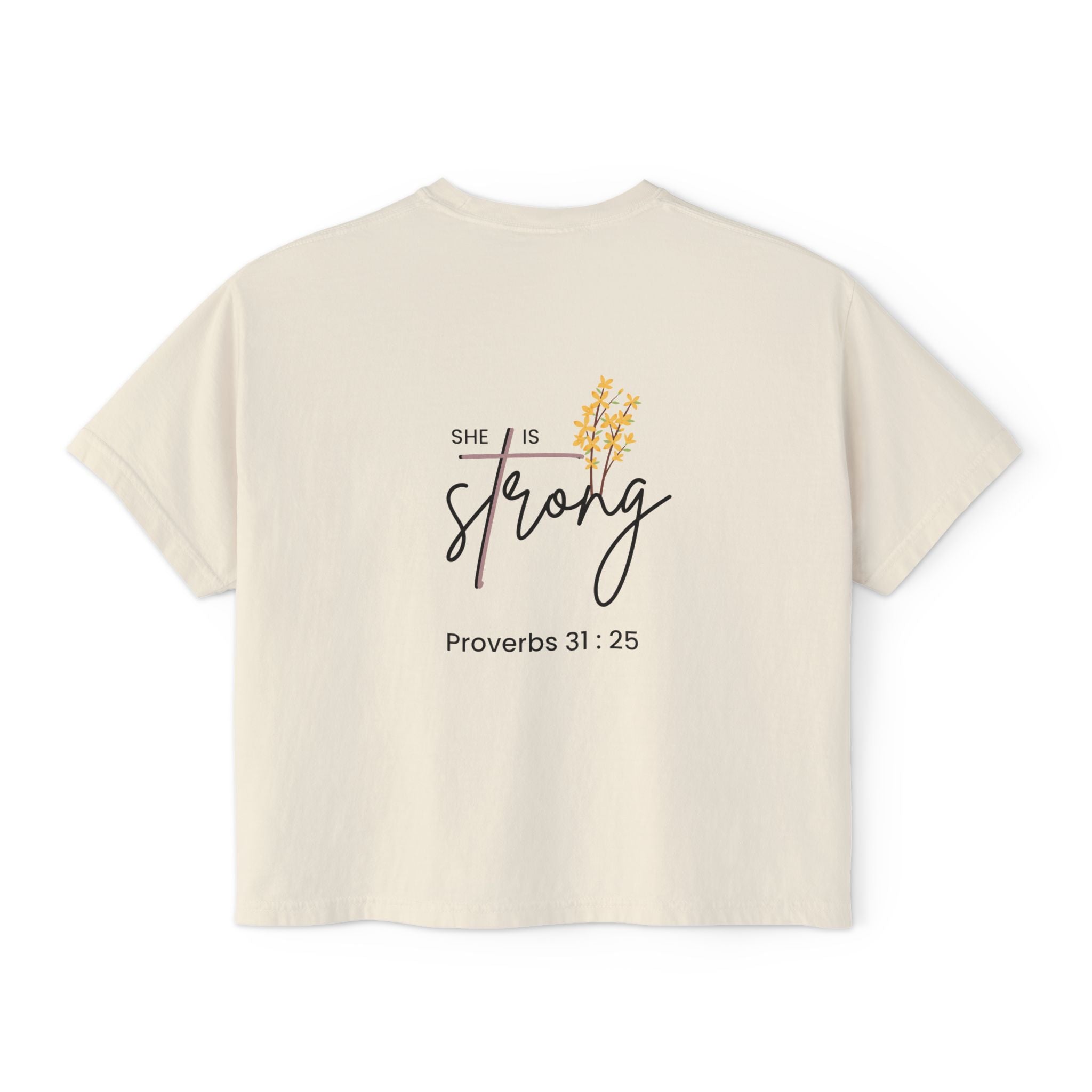 Women’s Boxy Tee — "She Is Strong" Proverbs 31:25 Christian Graphic Tee