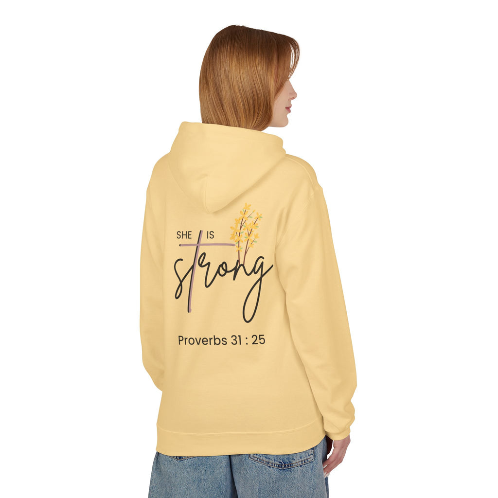She Is Strong Hoodie — Inspirational Proverbs 31:25 Christian Pullover