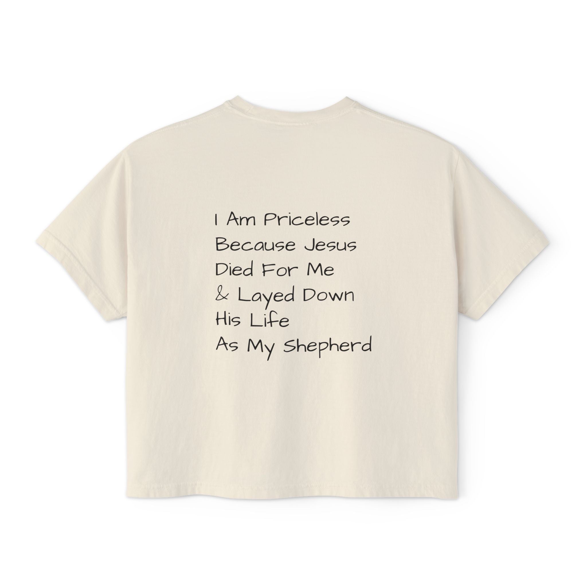I Am Priceless Christian Boxy Tee — Faith-Based Women's Crop T-Shirt with 'I Am Priceless' Front & Scripture Back