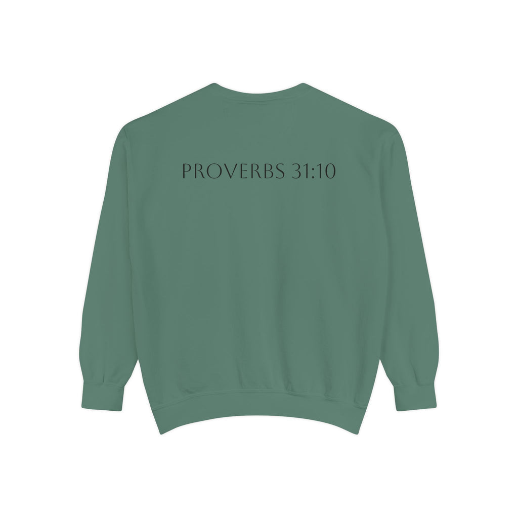 Proverbs 31:10 Sweatshirt — "She Is Far More Precious Than Rubies" Christian Crewneck
