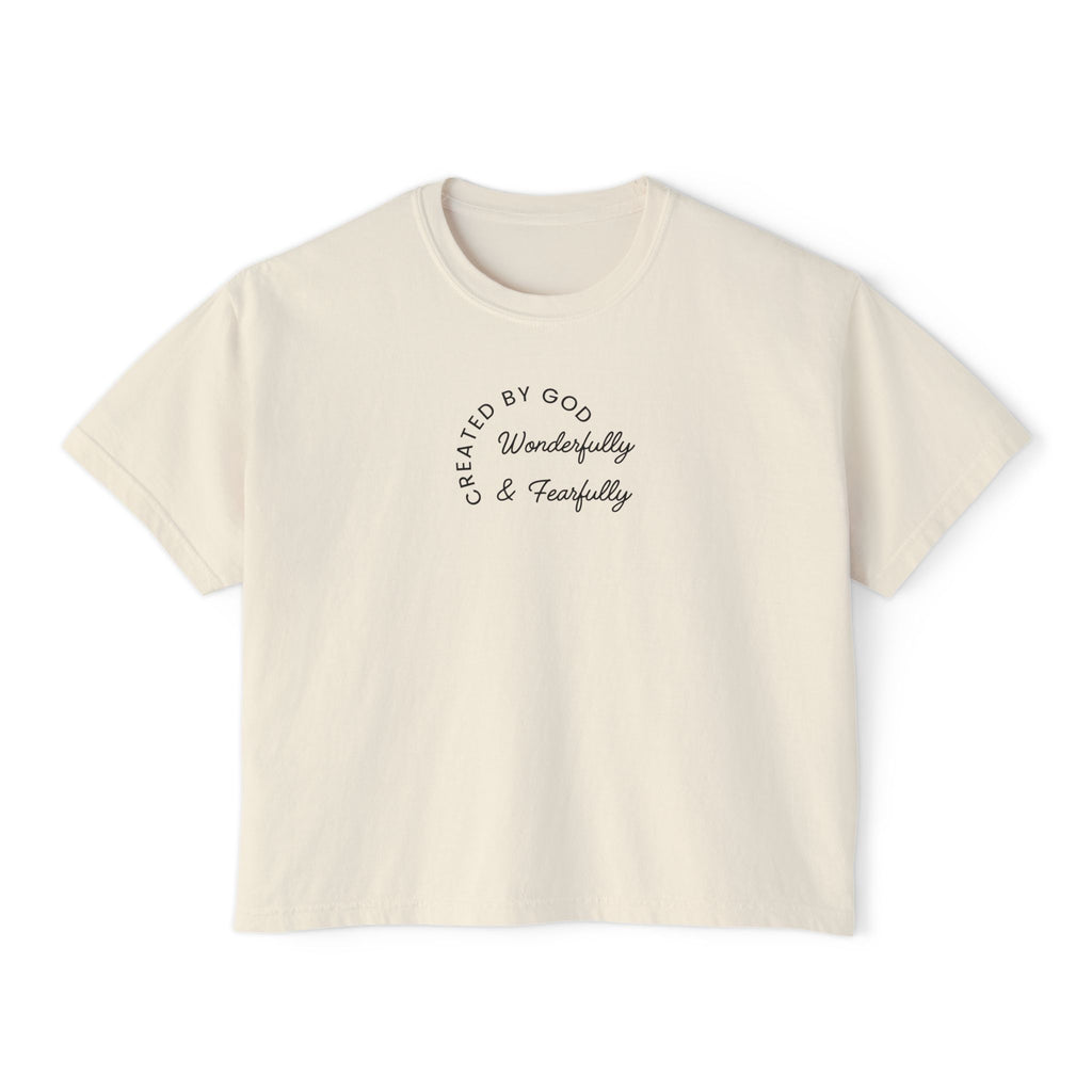 Boxy Tee — “Created by God, Wonderfully & Fearfully” Psalm 139:14 Christian Tee