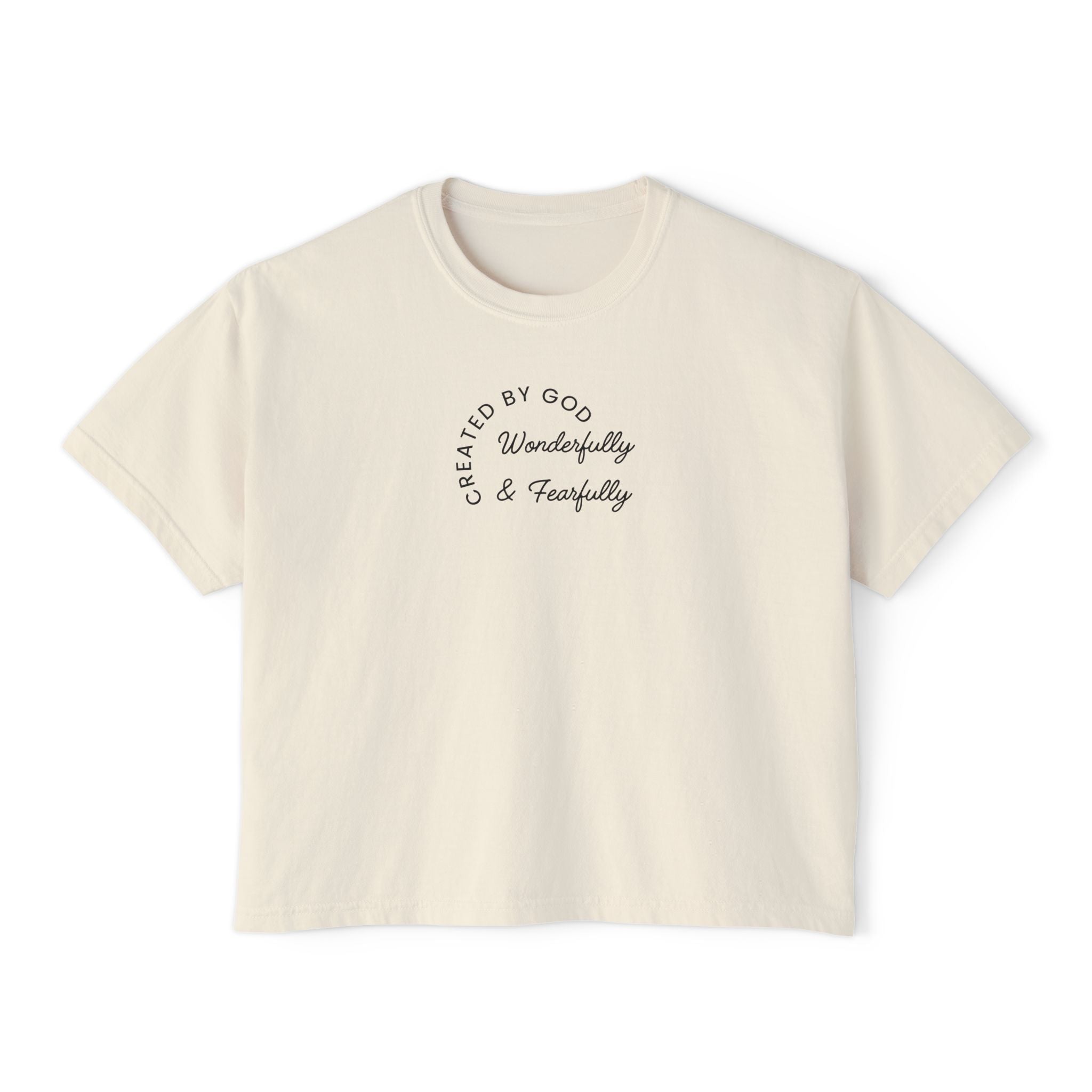 Boxy Tee — “Created by God, Wonderfully & Fearfully” Psalm 139:14 Christian Tee