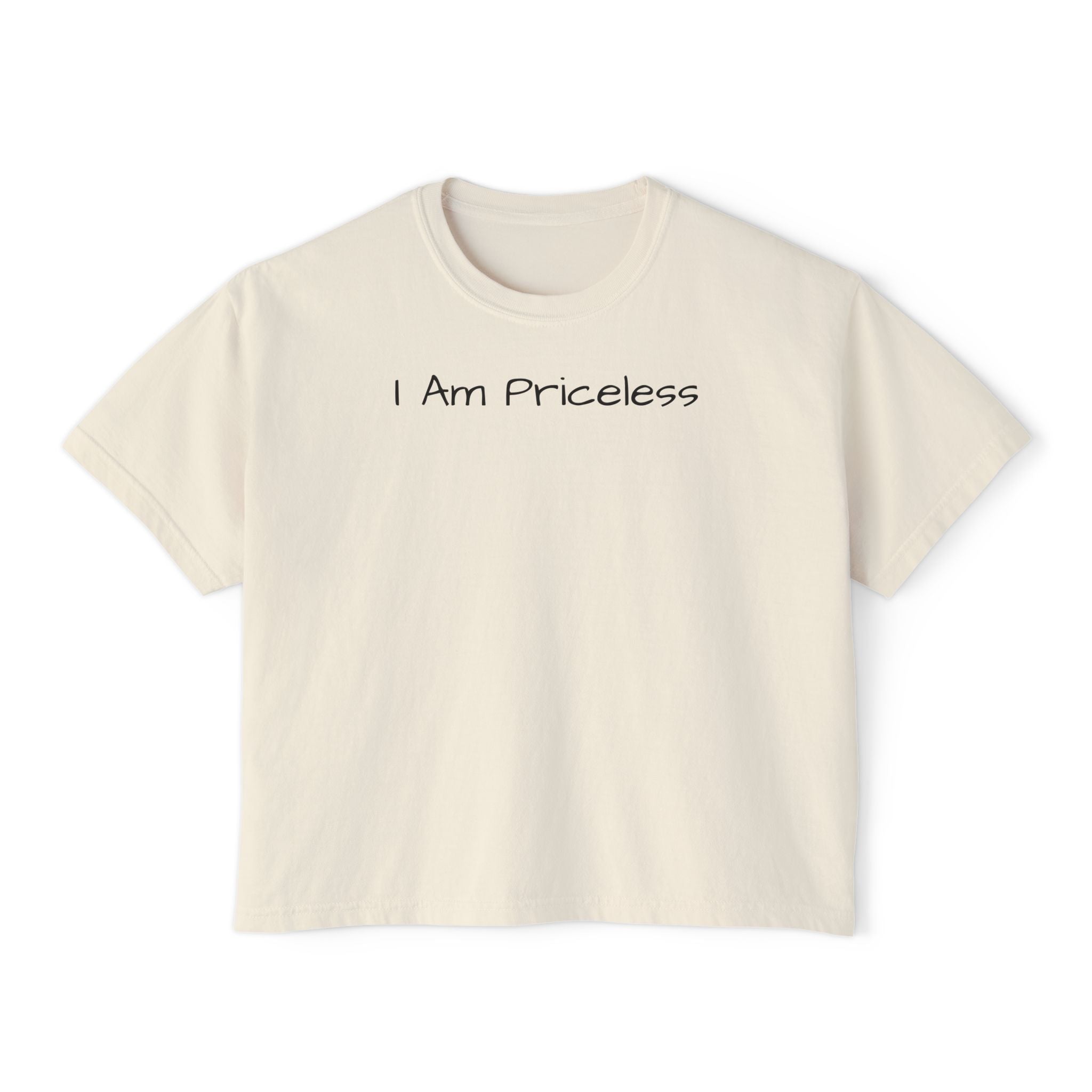 I Am Priceless Christian Boxy Tee — Faith-Based Women's Crop T-Shirt with 'I Am Priceless' Front & Scripture Back