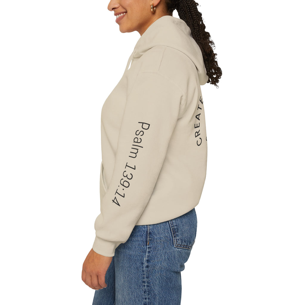 Created By God Hoodie — "Wonderfully & Fearfully" Psalm 139:14 Christian Sweatshirt