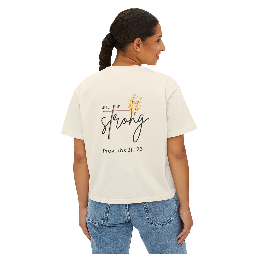 She Is Strong Boxy Tee — Proverbs 31:25 Inspirational Women's Shirt