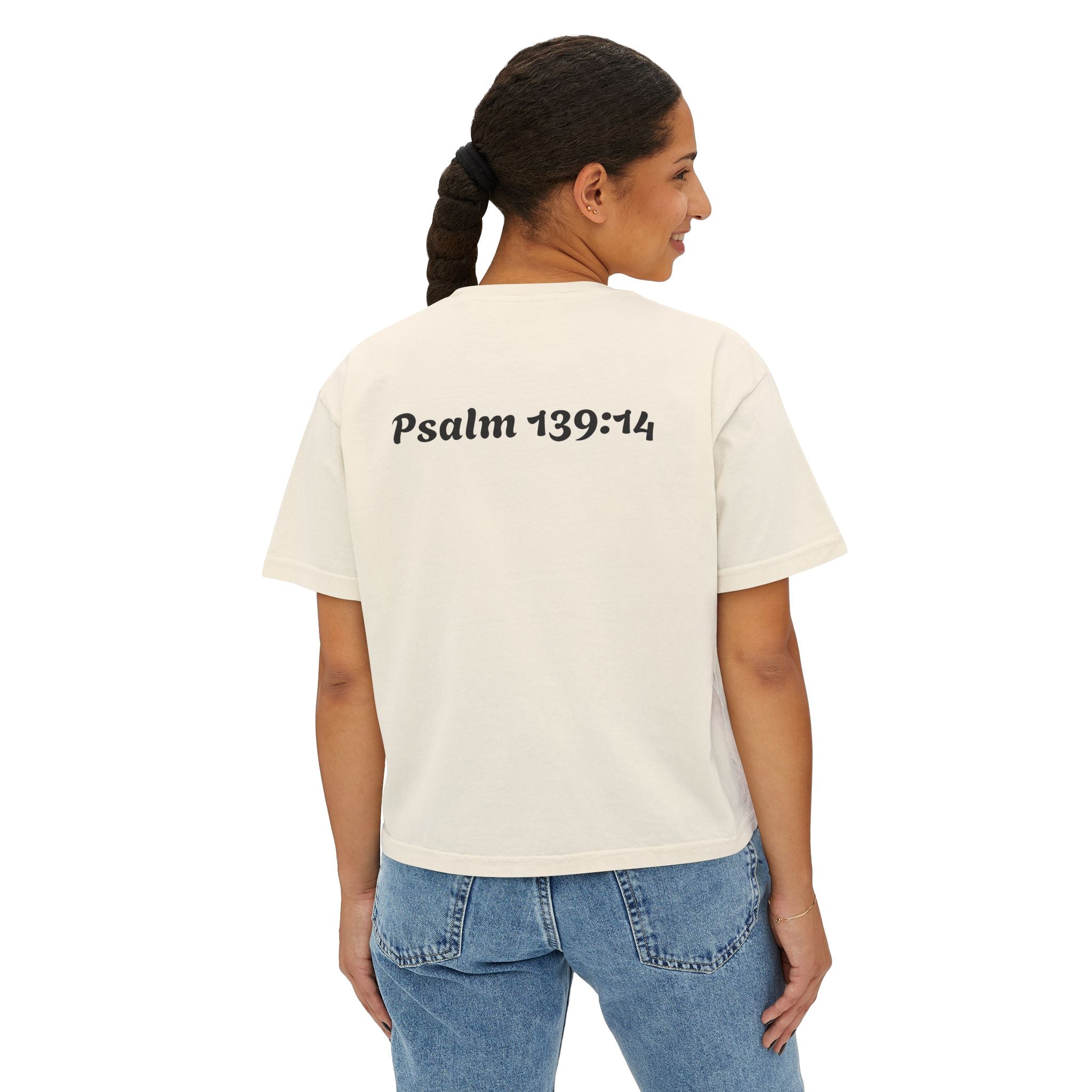 Boxy Tee — “Created by God, Wonderfully & Fearfully” Psalm 139:14 Christian Tee