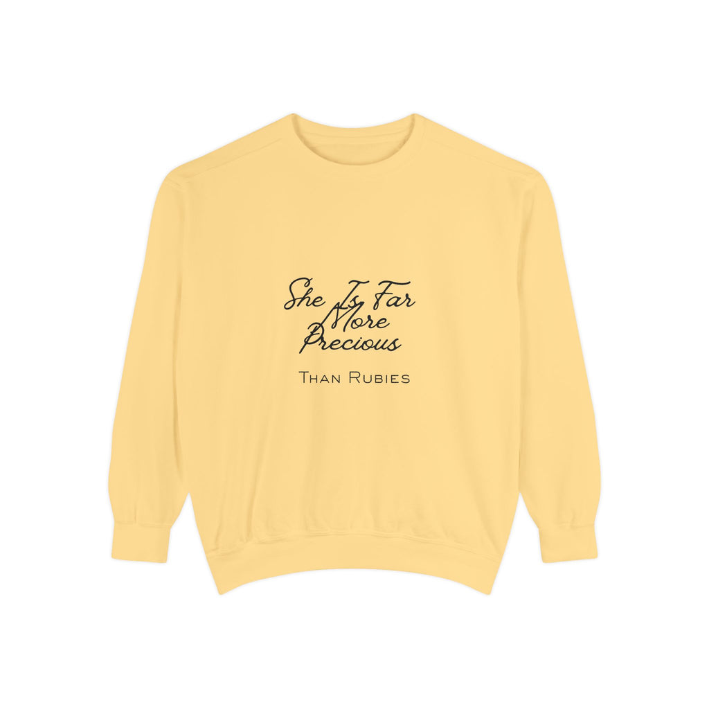 Proverbs 31:10 Sweatshirt — "She Is Far More Precious Than Rubies" Christian Crewneck
