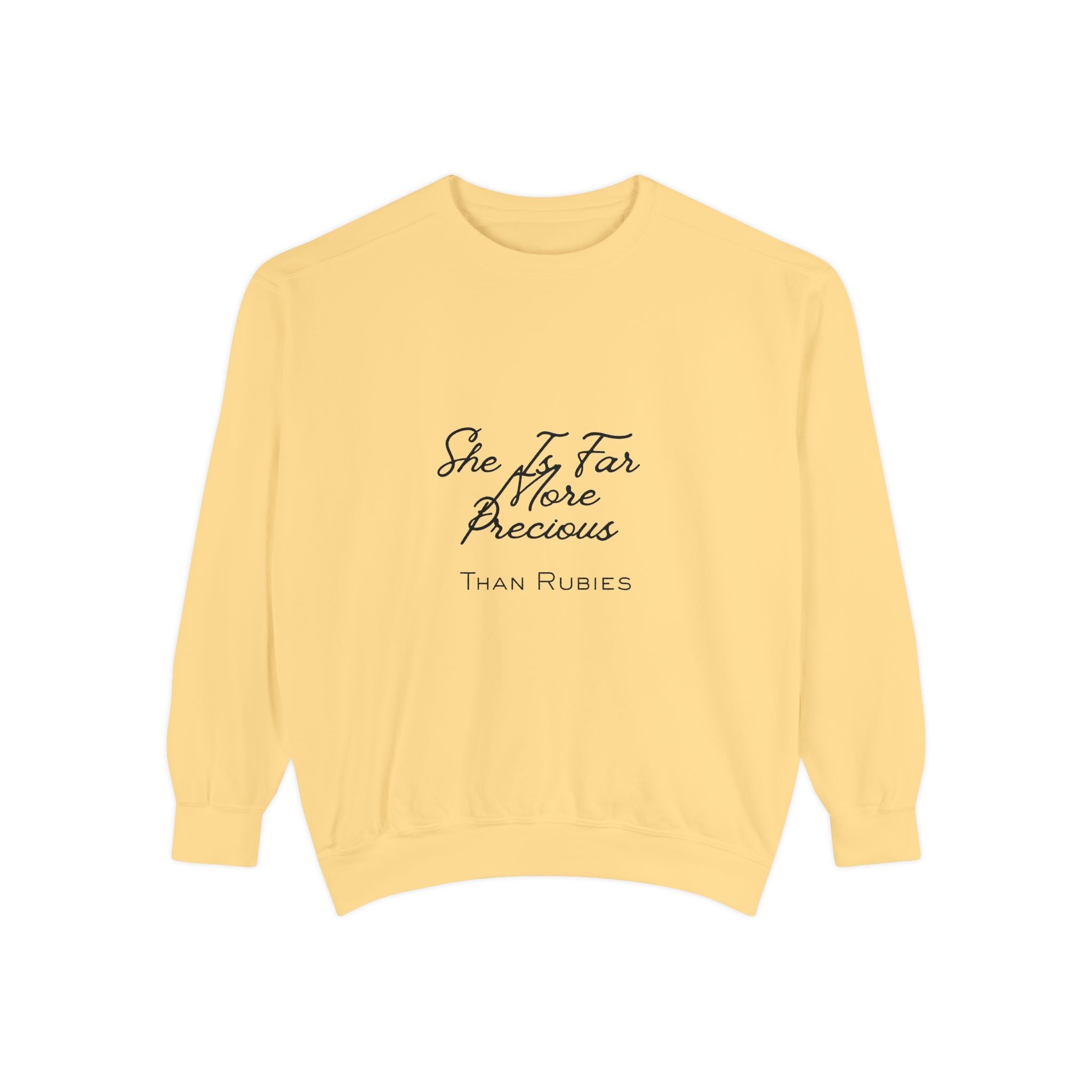 Proverbs 31:10 Sweatshirt — "She Is Far More Precious Than Rubies" Christian Crewneck