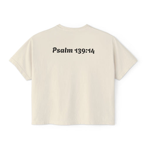 Boxy Tee — “Created by God, Wonderfully & Fearfully” Psalm 139:14 Christian Tee