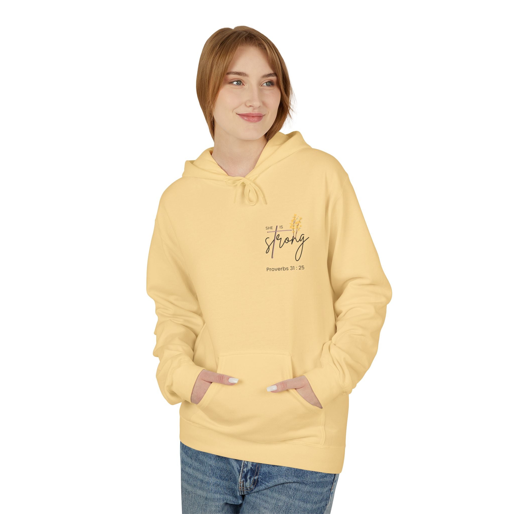 She Is Strong Hoodie — Inspirational Proverbs 31:25 Christian Pullover